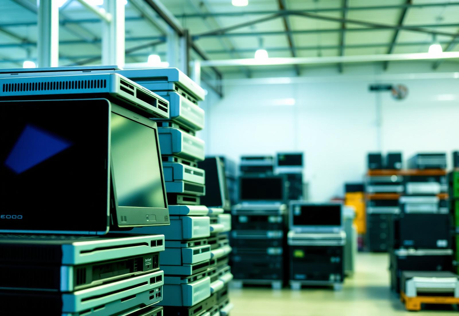 Stacks of computers being prepared for removal and destruction in a Minnesota warehouse